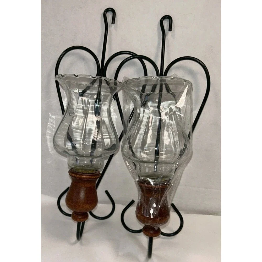 2 Vtg Green Metal Wood Heart Wall Taper Candle Sconces  14” Glass Globes Country